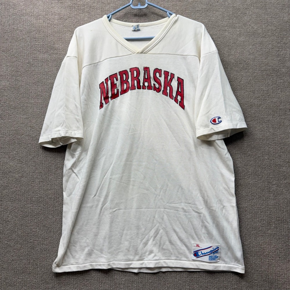 Vintage Champion Nebraska Huskers Jersey T-Shirt XL Cream Made in USA V-Neck 80s